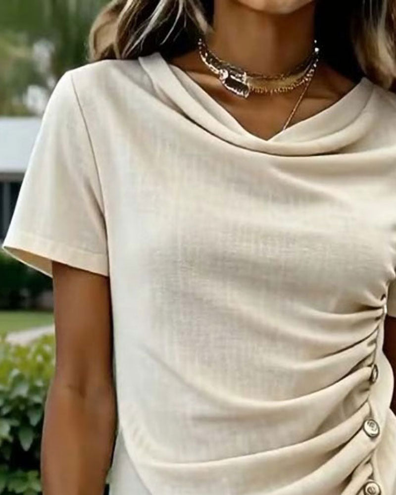 Blus Slim Passform Drapedad Hals Kort Ärm