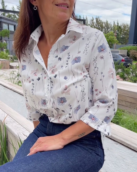 Elegant tröja med trekvartsärm i lapel med blommigt tryck