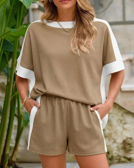 Set Färgblock Kort Ärm Shorts Avslappnad