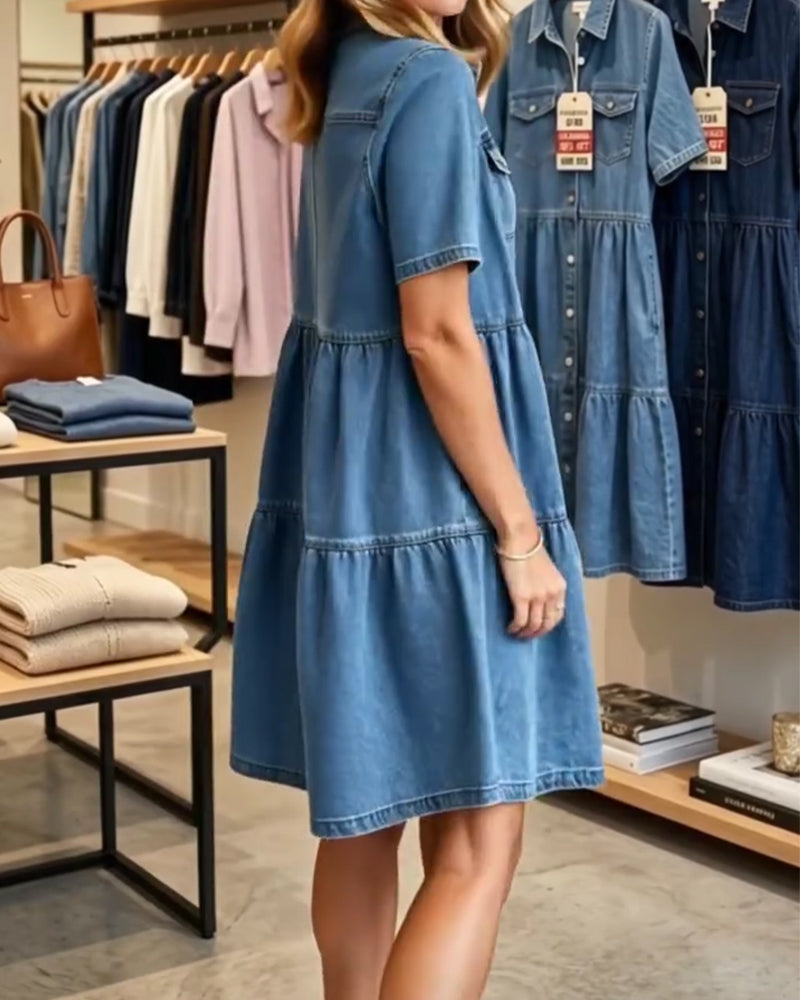 Klänning Denim Ruffle Lager Kort Ärm