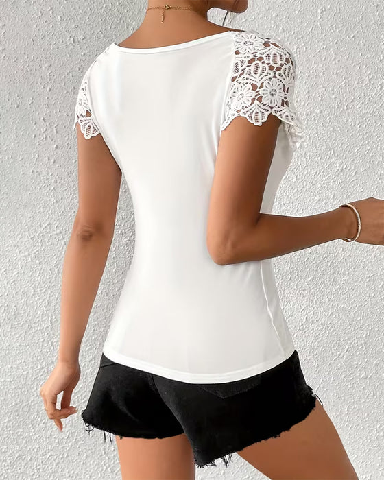 T-Shirt Spets Off-The-Shoulder Patchwork
