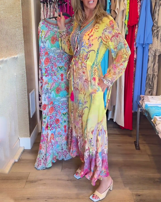 Långärmad resortklänning med tryck