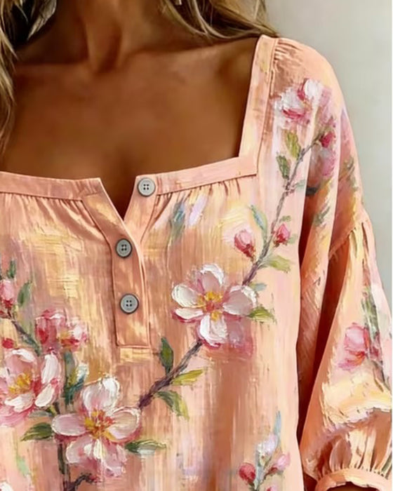 Blus Blommigt Print Fyrkantig Halsringning