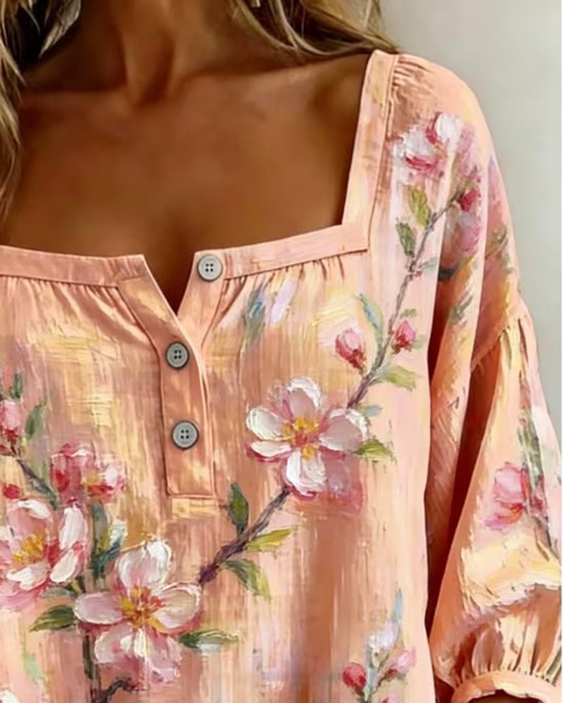 Blus Blommigt Print Fyrkantig Halsringning