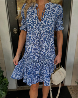 Klänning Knytning Puffärm Tryckt