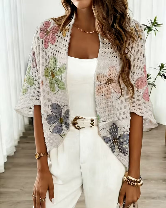 Cardigan Urholkning Blommönster Stickad