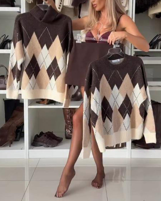 Tröja Med Argylemönster, Strumpfhals Design Och Överstor Storlek