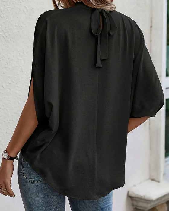 Blus Mock Neck Veckad Tretrekvart Ärm Solid