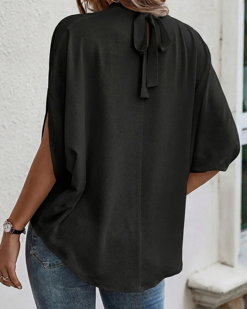Blus Mock Neck Veckad Tretrekvart Ärm Solid