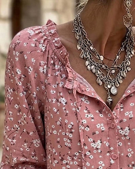 Blus V-Hals Blommig Remmar Volangärm
