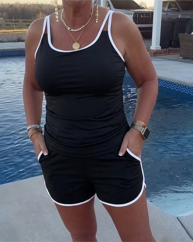 Tankini Med Färgkontrast Kantband Och Detaljer