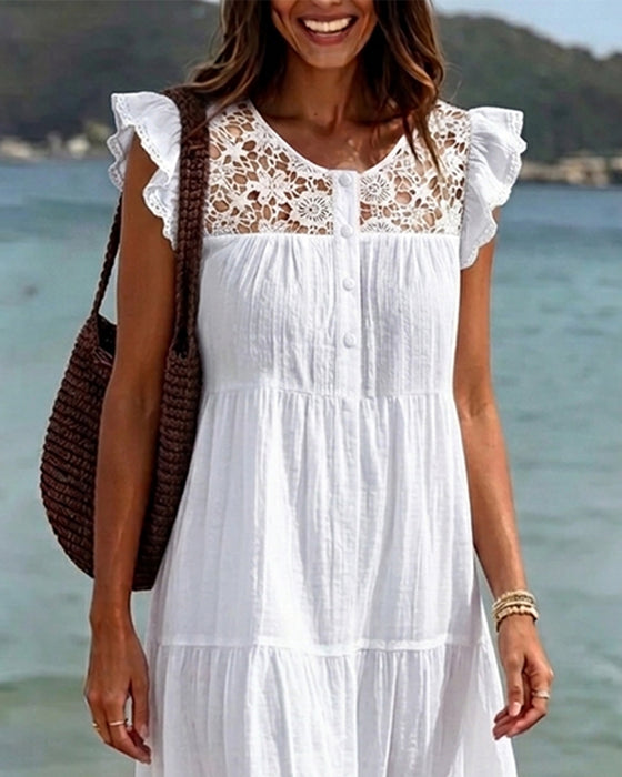 Klädning Flutter Ärm Spets Patchwork