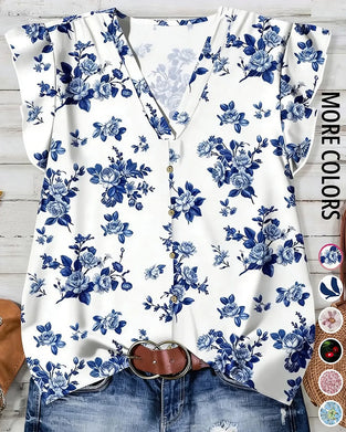 Blus Med V-Hals Och Tryckta Ruffle-Ärmar