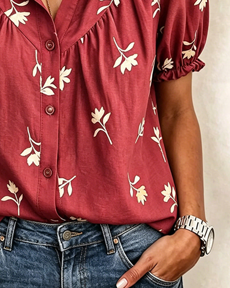 Blus Bubbel Ärm Casual Rynkad