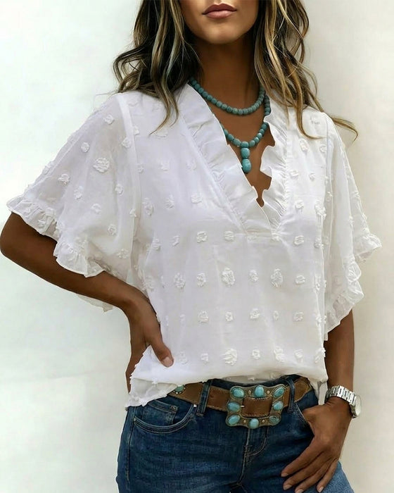 Blus Jacquard V-Ringning Volang