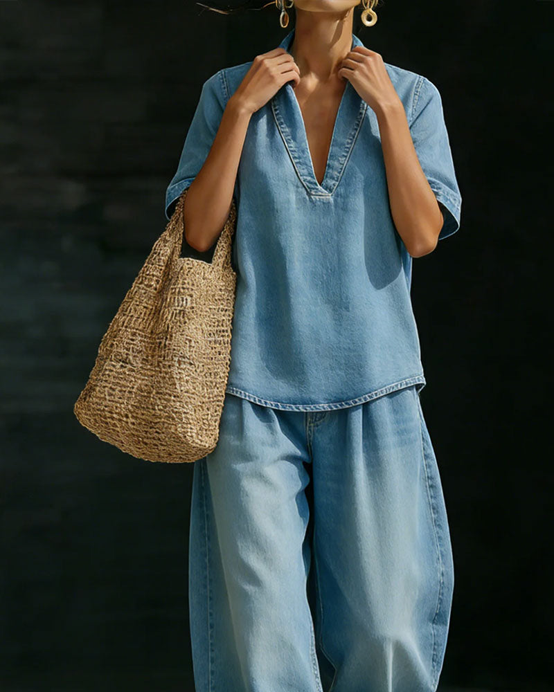 Set Tvättad Denim V-Hals