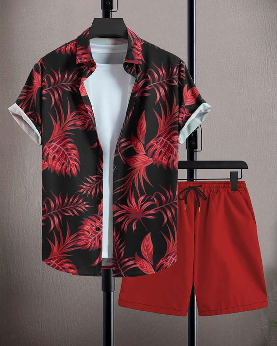 Set Krage Palm Blad Tryck Kortärmad