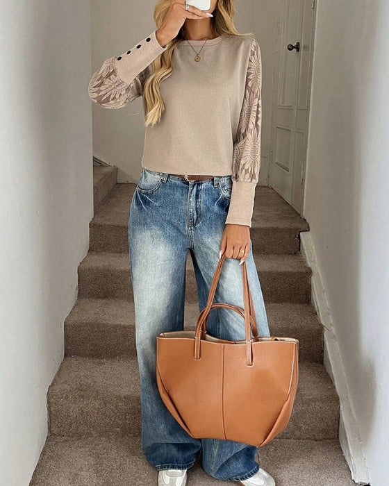 Topp Spets Virkad Spetsdetalj Långärmad