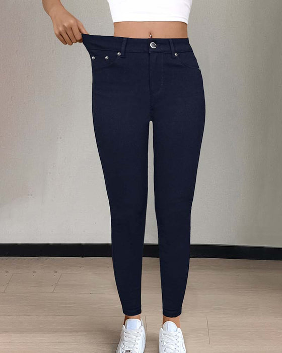 Byxa Kvinnors Ficka Enfärgad Slimmad Casual