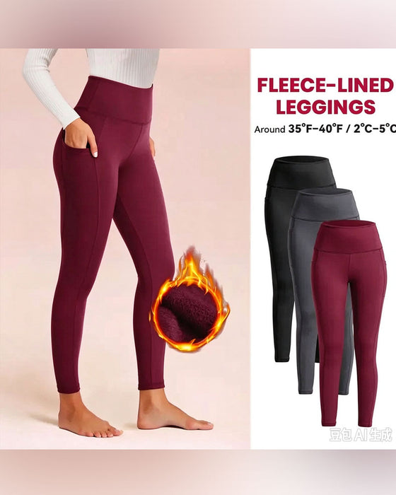 Dam Hög Midja Fleecefodrade Leggings Med Fickor