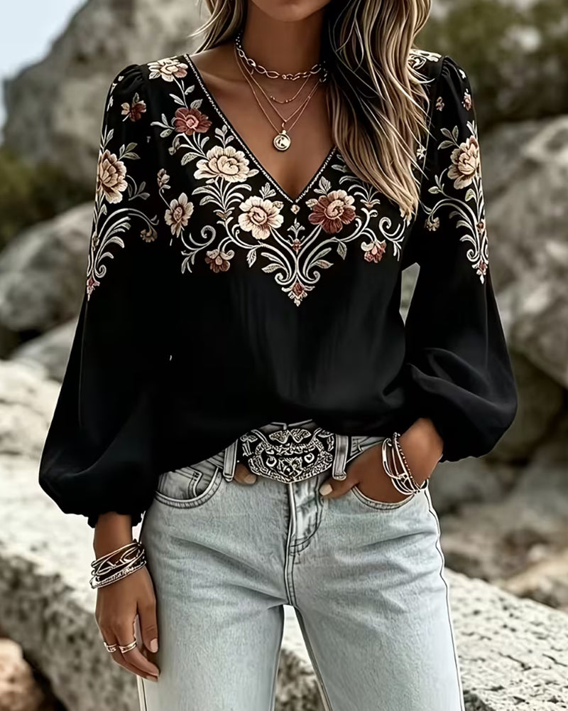 Blus V-Hals Blommig Casual