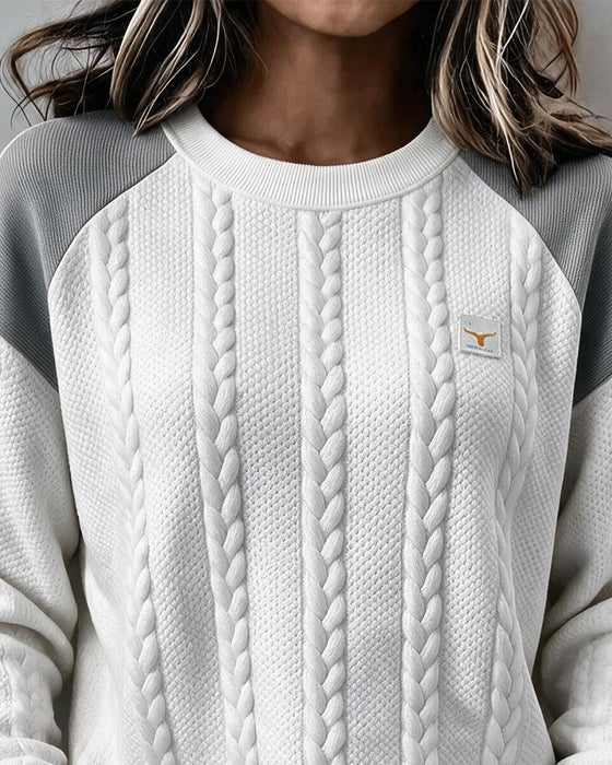 Sweatshirt Rund Hals Flätstickad Färgblock