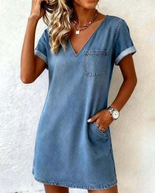 Klänning Denim V-ringning Kortärmad Shift