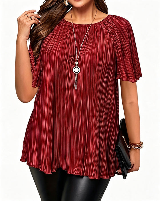 T-Shirt Plus Size Solid Veckad Kort Ärm