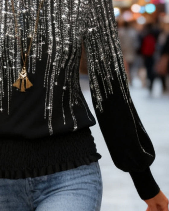 Modig Tryckt Långärmad Topp Med Runt Halsutsnitt