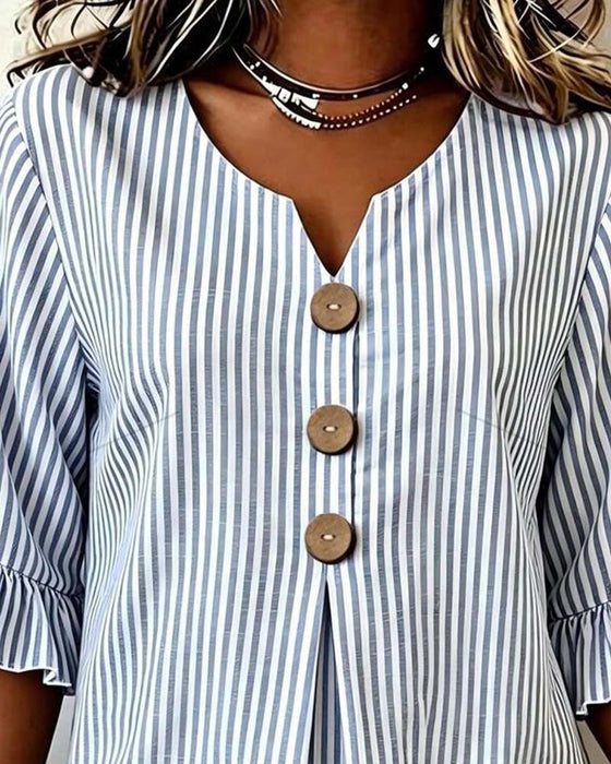 Blus Mini V-Hals Ruffle Rand Knapp