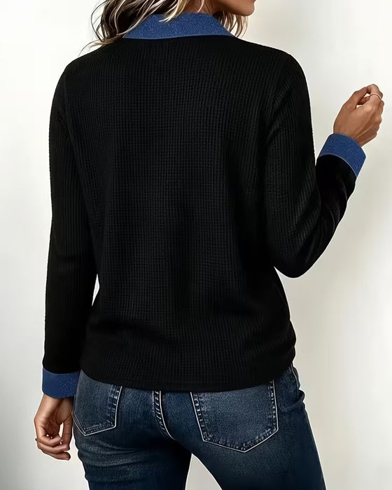 Blus Avslappnad Denim Krage Panel Lång Ärm