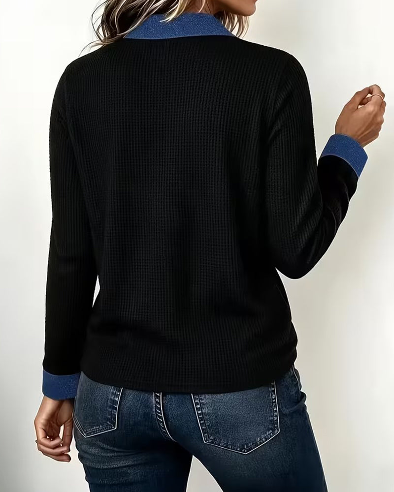 Blus Avslappnad Denim Krage Panel Lång Ärm