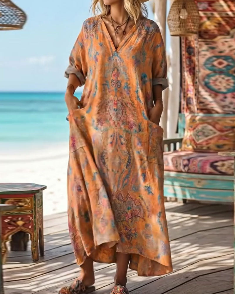 Klänning Retro Blommigt Tryck V-ringning Maxi