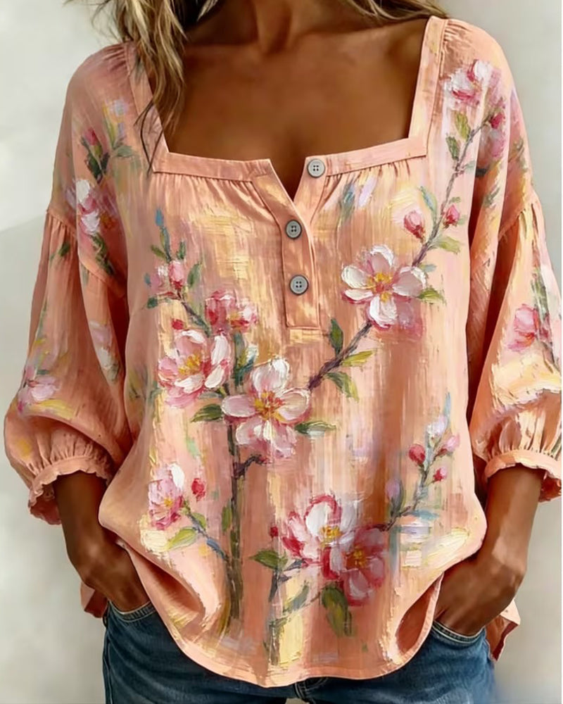 Blus Blommigt Print Fyrkantig Halsringning