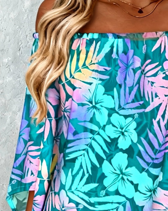 Tryckt Blus Med Axelfri Batwing-Ärm