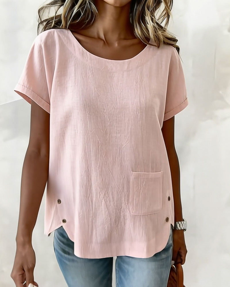 T-Shirt Bomull Lin Knapp Detalj Kort Ärm