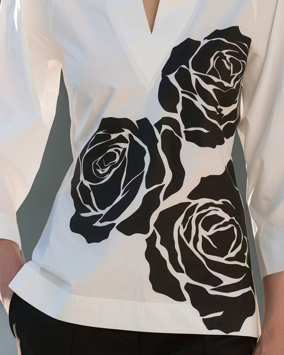 Blus V-Hals Blommig Tryck