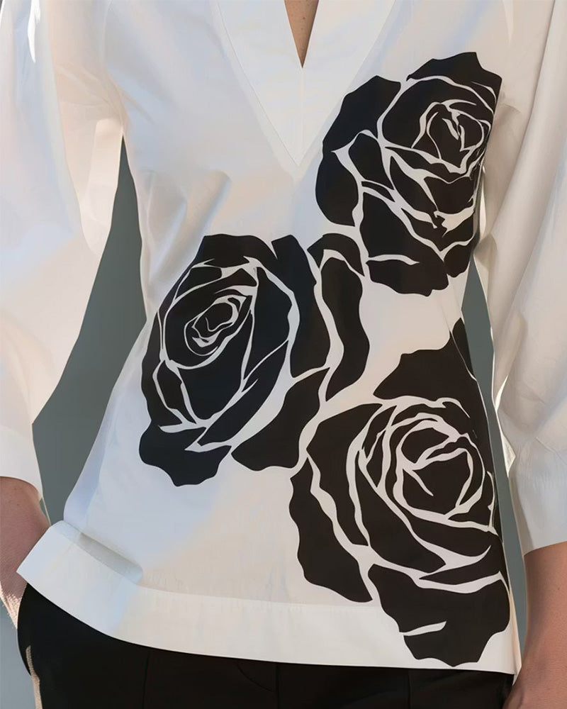 Blus V-Hals Blommig Tryck