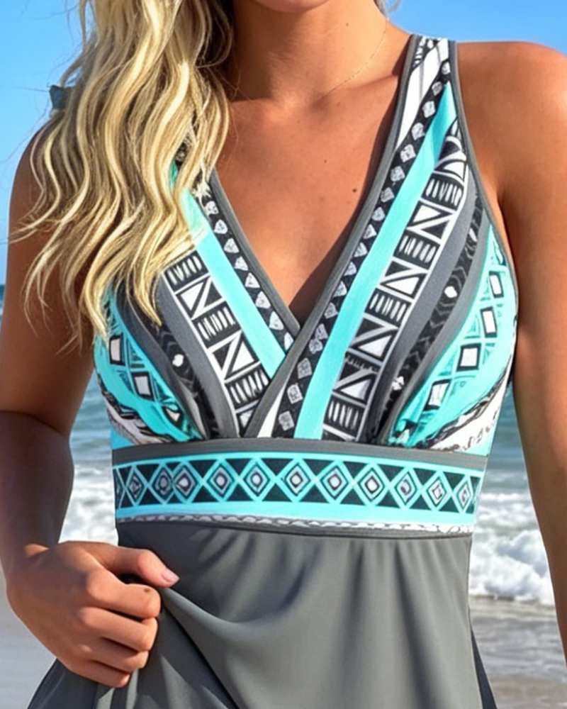 Swimdress Ärmlös V-Hals Geometrisk Tryck