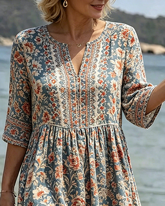 Klädning Mini V-Hals Blommig Patchwork