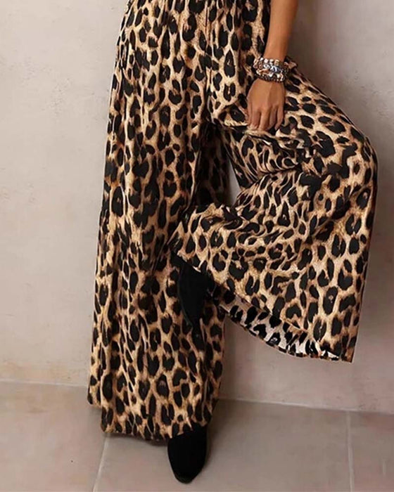 Jumpsuit Leopard Hög Midja Bred Ben Hängslen