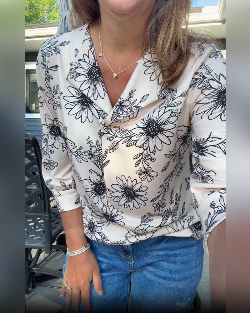 Blus Bläck Tvätt Blommig Tretrekvart Slag
