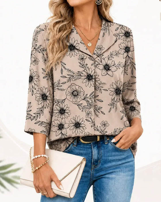 Blus Bläck Tvätt Blommig Tretrekvart Slag