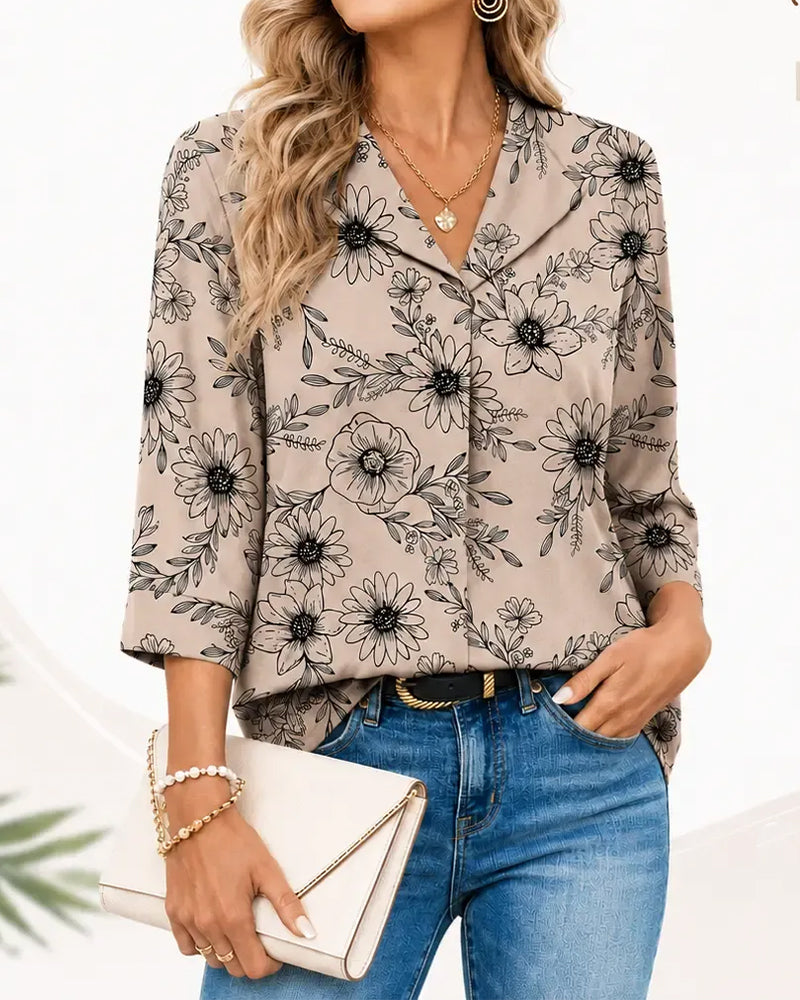 Blus Bläck Tvätt Blommig Tretrekvart Slag