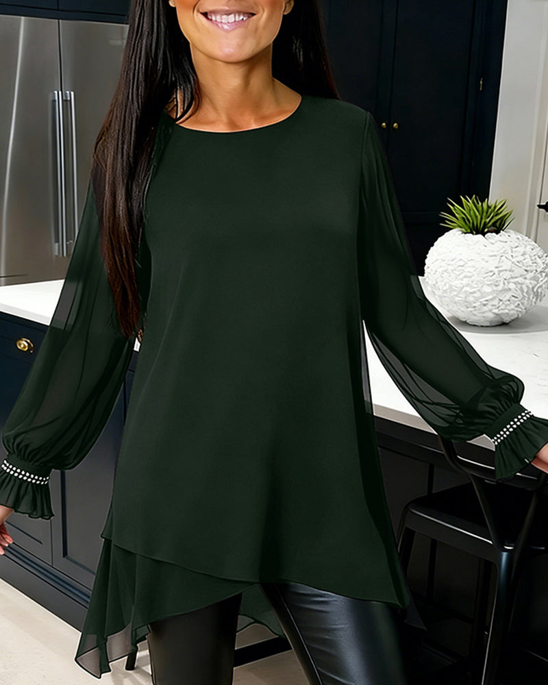 Blus Pärlbroderad Puffärm Rundhalsringning