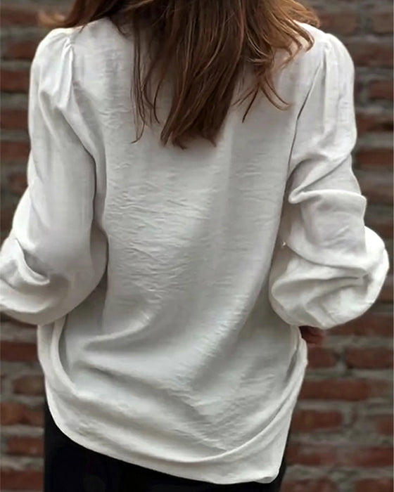 Blus V-Hals Knapp Fram Ruffle Puffärm