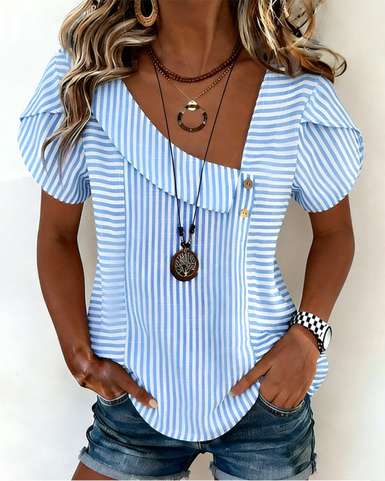 Blus Randig Puffärm Asymmetrisk