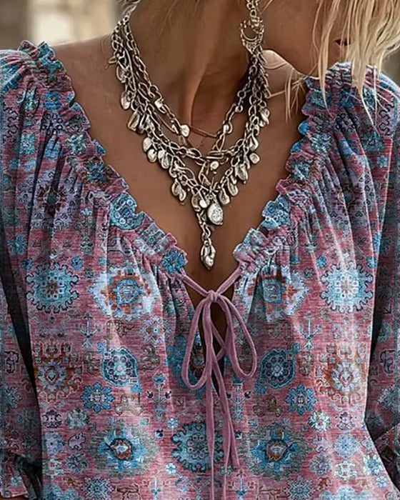 Blus V-Hals Knytning Vintage Tryck