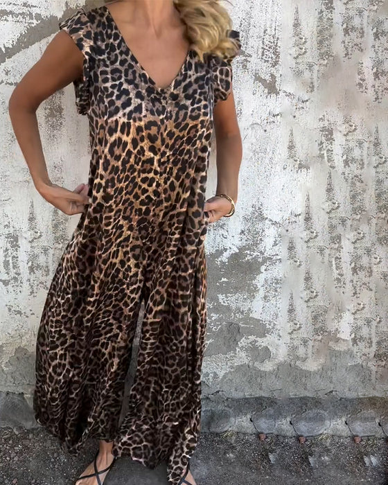 Byxdress V-ringad Leopardmönstrad