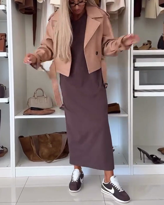 Klänning Enfärgad Rundhalsad Slits Tunika